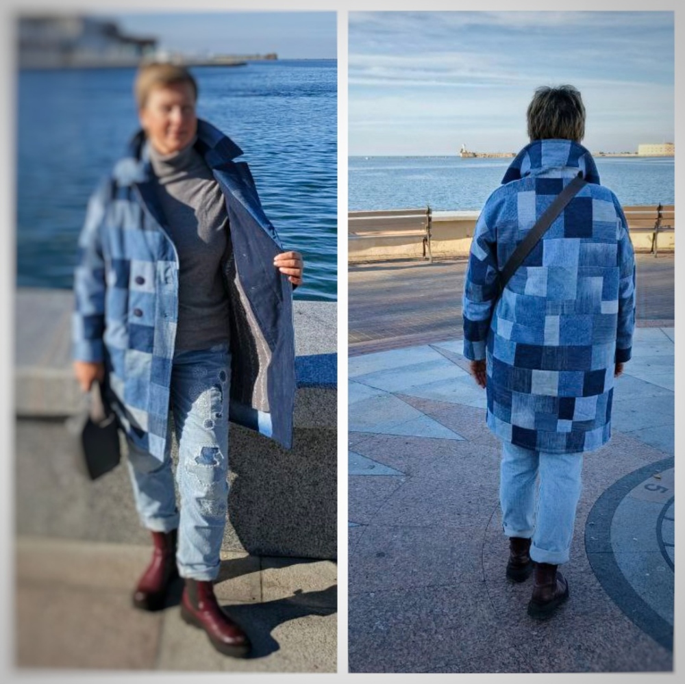 Джинсовое пальто из лоскутов фото